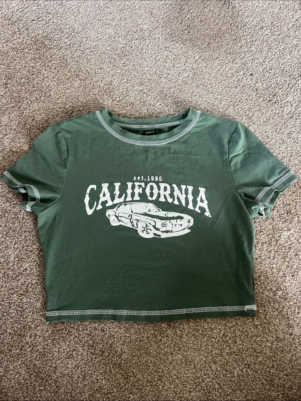 SHEIN Dark Green 'California' Graphic Crop Tee with White Trim